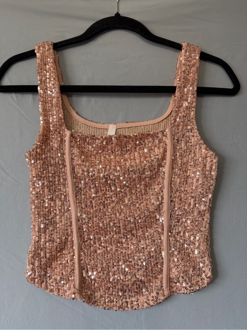 Chocolate Womens Sequined Tank Top S Rose Gold Boning Corset Lined Glam Showgirl